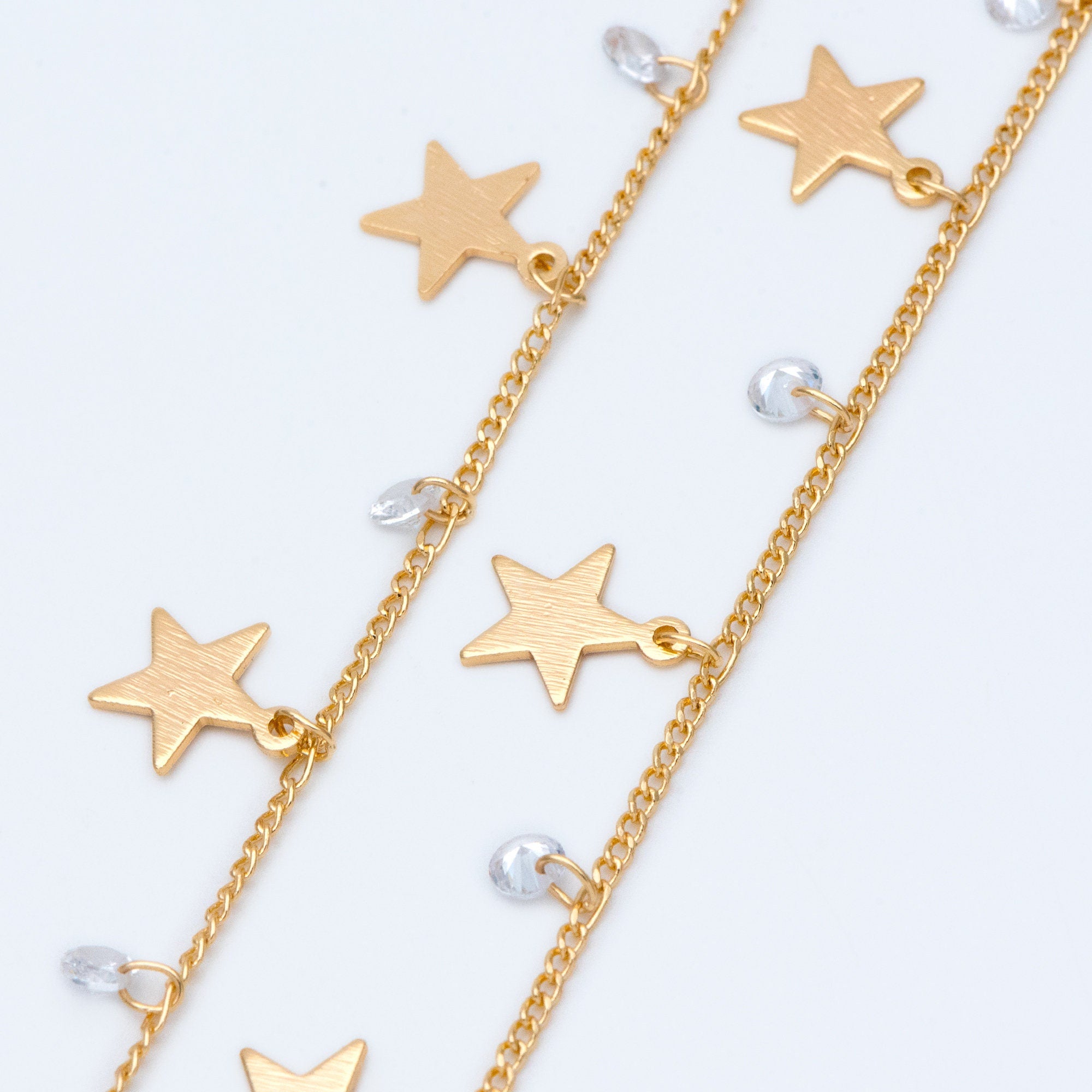 Gold Chain with Star and CZ Charms, 18K Gold plated Brass Curb Chain, Quality Chain for Jewelry Wholesale (#LK-219-1)/ 1 Meter=3.3ft
